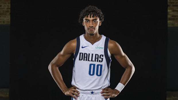 Max Christie poses for a photo during the Dallas Mavericks media da