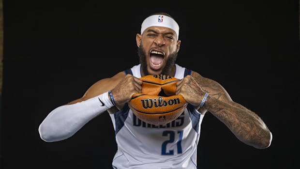 Daniel Gafford poses for a photo during the Mavericks media day