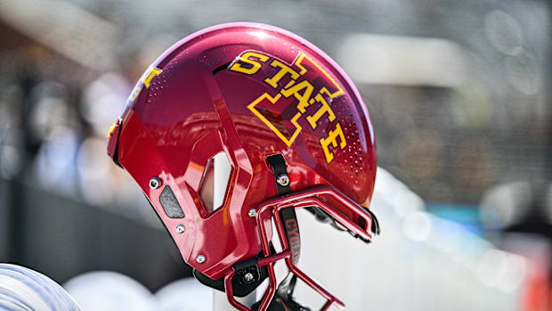 Iowa State Cyclones helmet sitting on the sidelines 