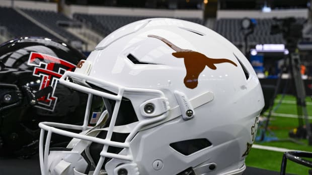 Jul 12, 2023; Arlington, TX, USA; A view of the Texas Longhorns helmet and logo during Big 12