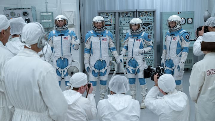(L-R) Ebon Moss-Bachrach as Ben Grimm/The Thing, Pedro Pascal as Reed Richards/Mister Fantastic, Vanessa Kirby as Sue Storm/Invisible Woman and Joseph Quinn as Johnny Storm/Human Torch in 20th Century Studios/Marvel Studios' THE FANTASTIC FOUR: FIRST STEPS. Photo by Jay Maidment. © 2025 20th Century Studios / © and ™ 2025 MARVEL.