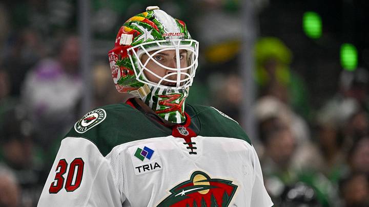 Apr 20, 2026; Dallas, Texas, USA; Minnesota Wild goaltender Jesper Wallstedt (30) looks on during the game between the Stars and the Wild in game two of the first round of the 2026 Stanley Cup Playoffs at American Airlines Center. Mandatory Credit: Jerome Miron-Imagn Images