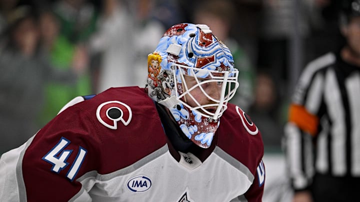Mar 6, 2026; Dallas, Texas, USA; Colorado Avalanche goaltender Scott Wedgewood (41) looks on during the game between the Stars and the Avalanche at American Airlines Center. Mandatory Credit: Jerome Miron-Imagn Images