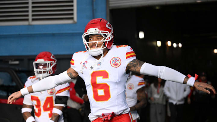 Dec 21, 2025; Nashville, Tennessee, USA; Kansas City Chiefs safety Bryan Cook (6) warms up before a game against the Tennessee Titans at Nissan Stadium. Mandatory Credit: Steve Roberts-Imagn Images