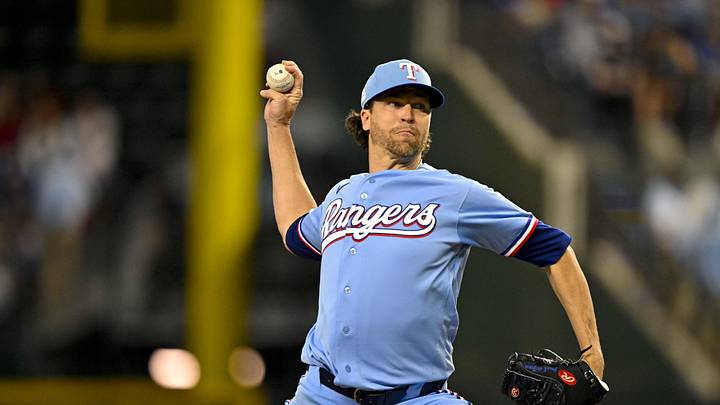 Jun 7, 2026; Arlington, Texas, USA; Texas Rangers starting pitcher Jacob Degrom (48) pitches against the Cleveland Guardians during the third inning at Globe Life Field. Mandatory Credit: Jerome Miron-Imagn Images