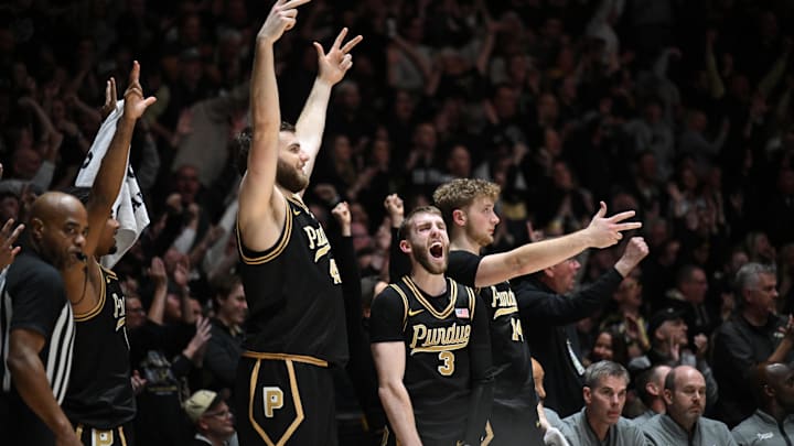 Feb 20, 2026; West Lafayette, Indiana, USA; Purdue Boilermakers guard Braden Smith (3) and the bench react to a three point basket during the second half against the Indiana Hoosiers at Mackey Arena. Mandatory Credit: Marc Lebryk-Imagn Images