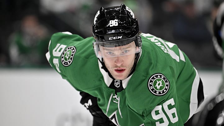 Mar 18, 2025; Dallas, Texas, USA; Dallas Stars right wing Mikko Rantanen (96) during the second period against the Anaheim Ducks at the American Airlines Center. Mandatory Credit: Jerome Miron-Imagn Images