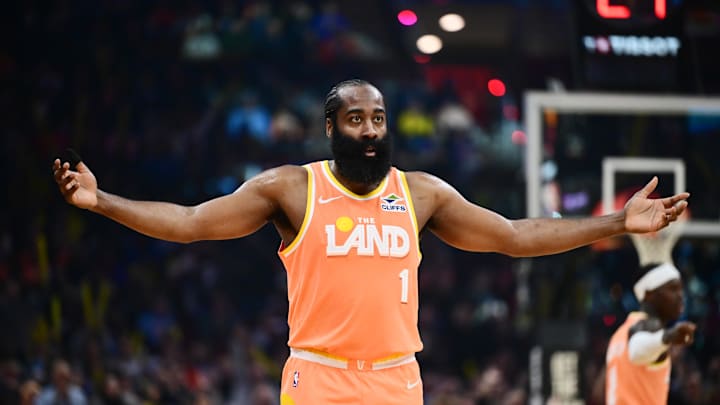 Feb 24, 2026; Cleveland, Ohio, USA; Cleveland Cavaliers guard James Harden (1). Mandatory Credit: Ken Blaze-Imagn Images