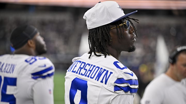 Aug 16, 2025; Arlington, Texas, USA; Dallas Cowboys linebacker DeMarvion Overshown (0) looks on before the game between the Dallas Cowboys and the Baltimore Ravens at AT&T Stadium. Mandatory Credit: Jerome Miron-Imagn Images