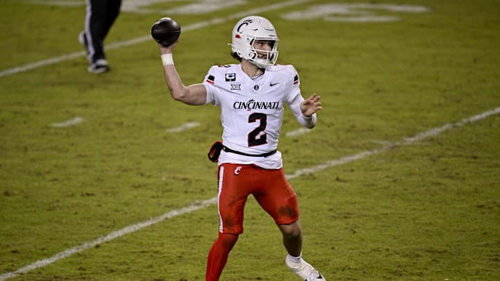 Nov 29, 2025; Fort Worth, Texas, USA; Cincinnati Bearcats quarterback Brendan Sorsby (2) throws the ball during the game between the Horned Frogs and the Bearcats at Amon G. Carter Stadium. Mandatory Credit: Jerome Miron-Imagn Images