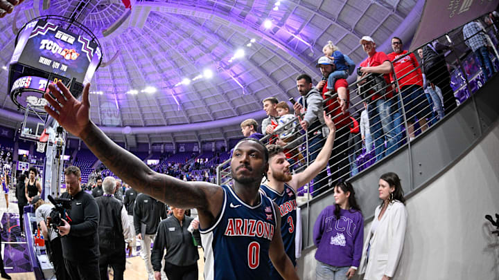 Jan 10, 2026; Fort Worth, Texas, USA; Arizona Wildcats guard Jaden Bradley (0) and center Motiejus Krivas (13) come off the court after defeating the TCU Horned Frogs at the Ed and Rae Schollmaier Arena. Mandatory Credit: Jerome Miron-Imagn Images