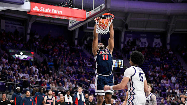 Jan 10, 2026; Fort Worth, Texas, USA; Arizona Wildcats forward Tobe Awaka (30) dunks the ball against the TCU Horned Frogs during the second half at the Ed and Rae Schollmaier Arena. Mandatory Credit: Jerome Miron-Imagn Images