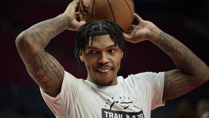Feb 1, 2026; Portland, Oregon, USA; Portland Trail Blazers guard Caleb Love (2) warms up before a game against the Cleveland Cavaliers at Moda Center. Mandatory Credit: Troy Wayrynen-Imagn Images