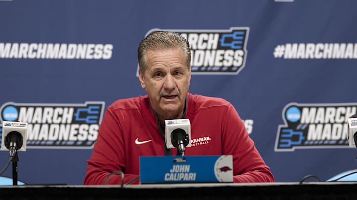 Mar 18, 2026; Portland, OR, USA; Arkansas Razorbacks head coach John Calipari answers questions during a press conference before a practice session ahead of the first round of the men's 2026 NCAA Tournament at Moda Center. Mandatory Credit: Troy Wayrynen-Imagn Images