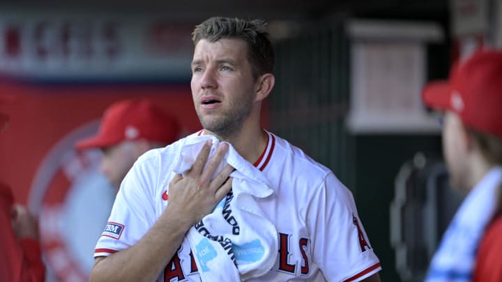 May 29, 2024; Anaheim, California, USA;  Los Angeles Angels starting pitcher Tyler Anderson (31) looks on from the dugout in the game against the New York Yankees at Angel Stadium. Mandatory Credit: Jayne Kamin-Oncea-USA TODAY Sports