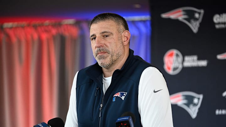 Mar 13, 2025; Foxborough, MA, USA; New England Patriots head coach Mike Vrabel discusses the teamís recent free agent additions with the media at Gillette Stadium. Mandatory Credit: Eric Canha-Imagn Images