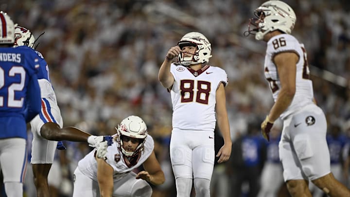 Sep 28, 2024; Dallas, Texas, USA; Florida State Seminoles place kicker Ryan Fitzgerald (88) in action during the game between the Southern Methodist Mustangs and the Florida State Seminoles at Gerald J. Ford Stadium. Mandatory Credit: Jerome Miron-Imagn Images