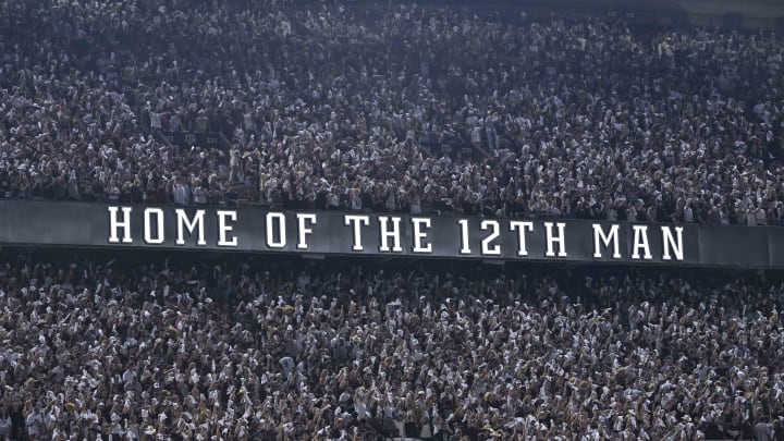 Sep 17, 2022; College Station, Texas, USA; A view of the stands and the fans and the 12th Man logo