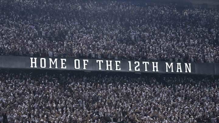 Sep 17, 2022; College Station, Texas, USA; A view of the stands and the fans and the 12th Man logo during the game between the Texas A&M Aggies and the Miami Hurricanes at Kyle Field. Mandatory Credit: Jerome Miron-USA TODAY Sports
