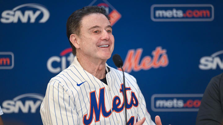 Apr 9, 2025; New York City, New York, USA; St. John's head coach Rick Pitino speaks at a press conference before a pregame ceremony honoring the team at a game between the New York Mets and the Miami Marlins at Citi Field.