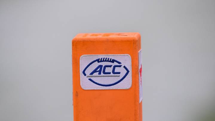 Sep 6, 2025; Dallas, Texas, USA; A view of the ACC logo on an end zone pylon during the game between the SMU Mustangs and the Baylor Bears at Gerald J. Ford Stadium. Mandatory Credit: Jerome Miron-Imagn Images