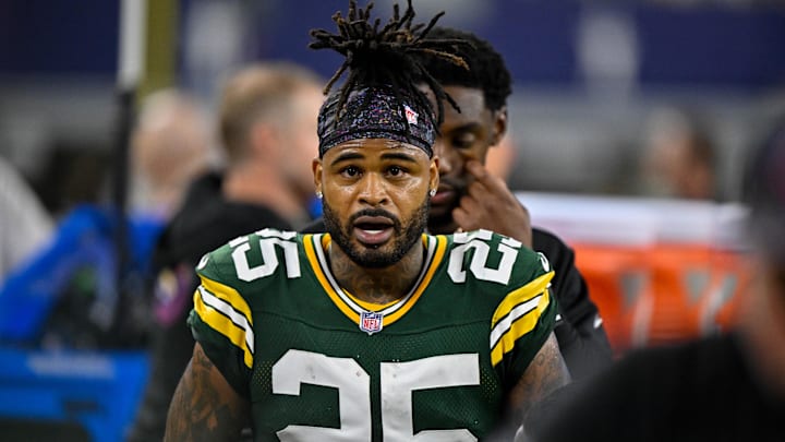 Sep 28, 2025; Arlington, Texas, USA; Green Bay Packers cornerback Keisean Nixon (25) looks on from the sidelines during the game between the Dallas Cowboys and the Green Bay Packers at AT&T Stadium. Mandatory Credit: Jerome Miron-Imagn Images