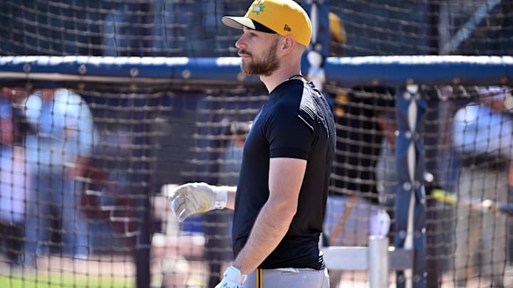 Feb 25, 2026; North Port, Florida, USA;  Pittsburgh Pirates second baseman Brandon Lowe (5) prepares to take batting practice before the start of the game against the Atlanta Braves  during spring training at CoolToday Park. Mandatory Credit: Jonathan Dyer-Imagn Images