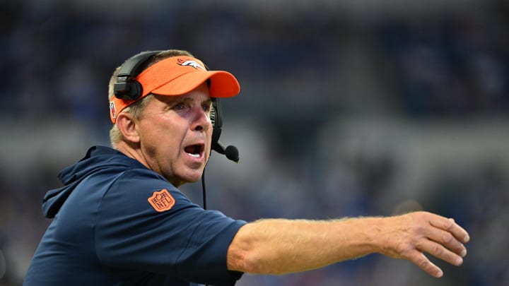 Aug 11, 2024; Indianapolis, Indiana, USA;  Denver Broncos Head Coach Sean Payton throws a challenge flag during the second half against the Indianapolis Colts at Lucas Oil Stadium. Mandatory Credit: Marc Lebryk-USA TODAY Sports