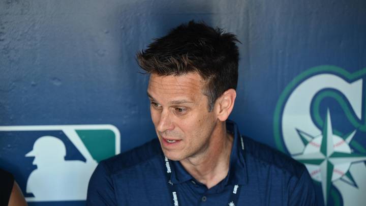 Aug 1, 2023; Seattle, Washington, USA; Seattle Mariners President of Baseball Operations Jerry Dipoto talks with the media prior to the game against the Boston Red Sox at T-Mobile Park. Mandatory Credit: Steven Bisig-Imagn Images