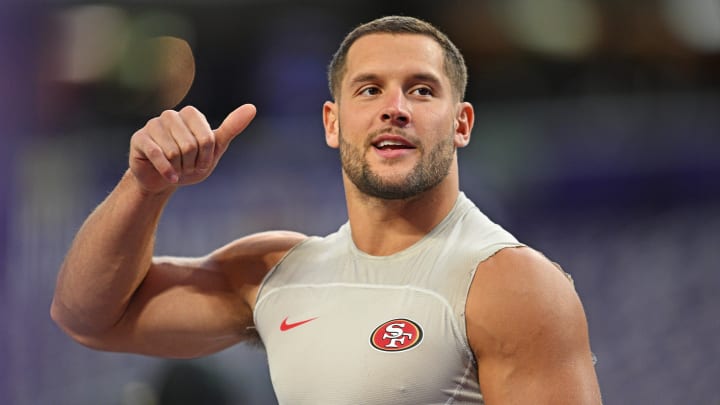 Oct 23, 2023; Minneapolis, Minnesota, USA; San Francisco 49ers defensive end Nick Bosa (97) looks on before the game against the Minnesota Vikings at U.S. Bank Stadium. Mandatory Credit: Jeffrey Becker-USA TODAY Sports