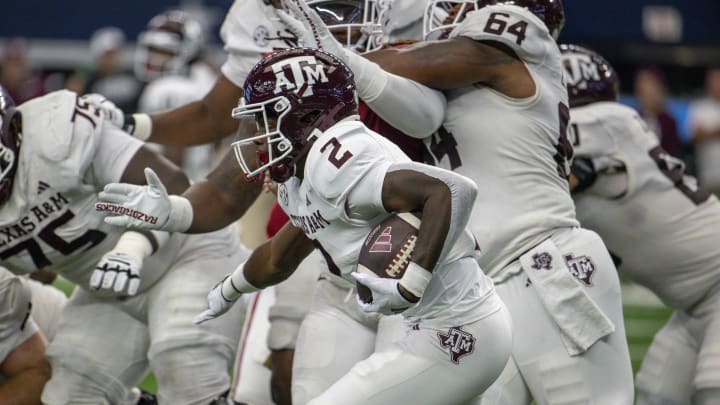 Sep 30, 2023; Arlington, Texas, USA; Texas A&M Aggies running back Rueben Owens (2) In action during the game between the Texas A&M Aggies and the Arkansas Razorbacks at AT&T Stadium. Mandatory Credit: Jerome Miron-USA TODAY Sports