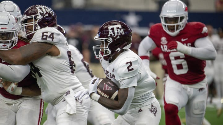 Sep 30, 2023; Arlington, Texas, USA; Texas A&M Aggies running back Rueben Owens (2) In action during the game between the Texas A&M Aggies and the Arkansas Razorbacks at AT&T Stadium. Mandatory Credit: Jerome Miron-USA TODAY Sports