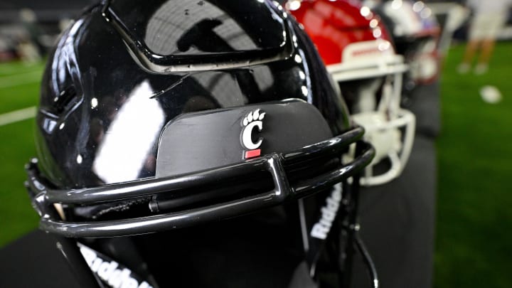 Jul 13, 2023; Arlington, TX, USA; A view of the Cincinnati Bearcats helmet and logo during the Big 12 football media day at AT&T Stadium. Mandatory Credit: Jerome Miron-USA TODAY Sports