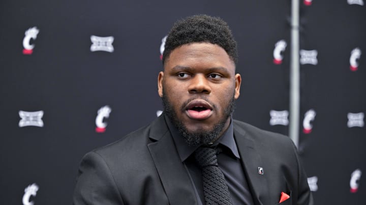 Jul 13, 2023; Arlington, TX, USA; Cincinnati Bearcats defensive lineman Dontay Corleone is interviewed during the Big 12 football media day at AT&T Stadium. Mandatory Credit: Jerome Miron-USA TODAY Sports