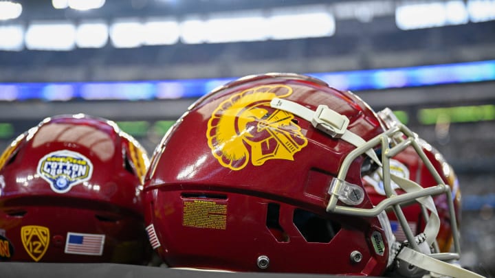 Jan 2, 2023; Arlington, Texas, USA; A view of the USC Trojans helmets and Cotton Bowl logo during the game between the USC Trojans and the Tulane Green Wave in the 2023 Cotton Bowl at AT&T Stadium. Mandatory Credit: Jerome Miron-USA TODAY Sports