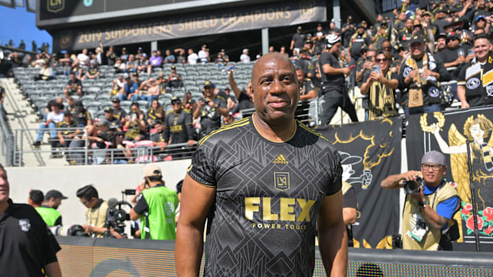 Nov 5, 2022; Los Angeles, CA, USA; Guest falconer Magic Johnson in attendance before the 2022 MLS Cup championship game between the Los Angeles FC and the Philadelphia Union at Banc of California Stadium. Mandatory Credit: Jayne Kamin-Oncea-Imagn Images