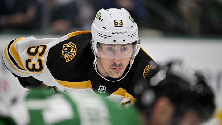 Nov 14, 2024; Dallas, Texas, USA; Boston Bruins left wing Brad Marchand (63) in action during the game between the Dallas Stars and the Boston Bruins at the American Airlines Center. Mandatory Credit: Jerome Miron-Imagn Images Nov 14, 2024; Dallas, Texas, USA; Boston Bruins left wing Brad Marchand (63) in action during the game between the Dallas Stars and the Boston Bruins at the American Airlines Center. Mandatory Credit: Jerome Miron-Imagn Images