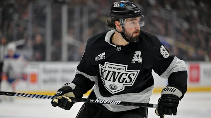Apr 23, 2025; Los Angeles, California, USA; Los Angeles Kings defenseman Drew Doughty (8) during game 2 of the 2025 Stanley Cup Playoffs against the Edmonton Oilers at Crypto.com Arena. Mandatory Credit: Jayne Kamin-Oncea-Imagn Images