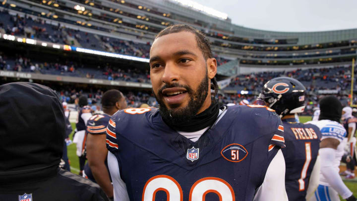 Dec 10, 2023; Chicago, Illinois, USA;  Chicago Bears defensive lineman Montez Sweat (98) walks off the field after a game against the Detroit Lions at Soldier Field. Mandatory Credit: Jamie Sabau-USA TODAY Sports