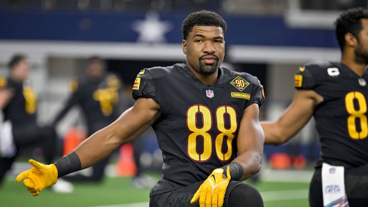 Oct 2, 2022; Arlington, Texas, USA; Washington Commanders tight end Armani Rogers (88) warms up before the game between the Dallas Cowboys and the Washington Commanders AT&T Stadium. Mandatory Credit: Jerome Miron-USA TODAY Sports