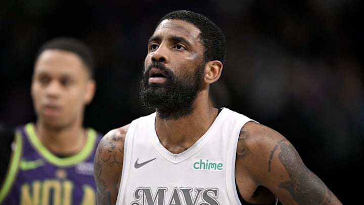 Feb 21, 2025; Dallas, Texas, USA; Dallas Mavericks guard Kyrie Irving (11) looks on during the second half against the New Orleans Pelicans at the American Airlines Center. Mandatory Credit: Jerome Miron-Imagn Images Feb 21, 2025; Dallas, Texas, USA; Dallas Mavericks guard Kyrie Irving (11) looks on during the second half against the New Orleans Pelicans at the American Airlines Center. Mandatory Credit: Jerome Miron-Imagn Images