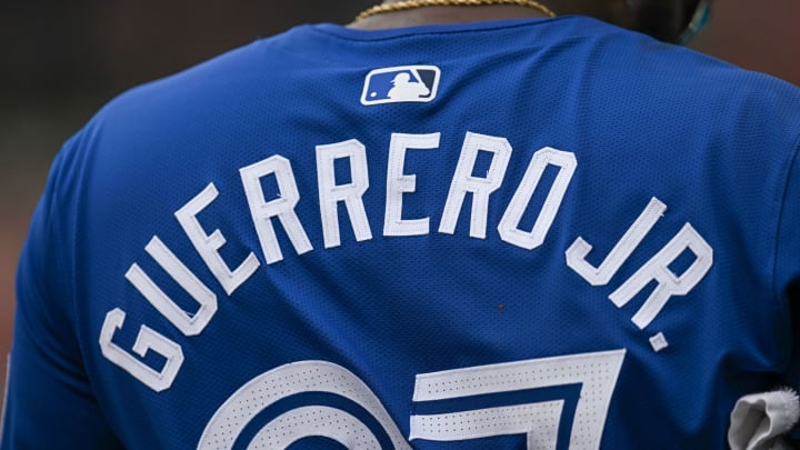 Vladimir Guerrero Jr. (27) jersey during the eighth inning against the Baltimore Orioles at Oriole Park at Camden Yards on July 31.