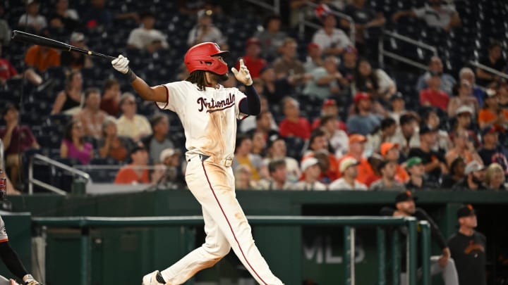 Washington Nationals left fielder James Wood (29) watches the ball after hitting a 2 run home run against the San Francisco Giants during the eighth inning at Nationals Park on Aug. 6.