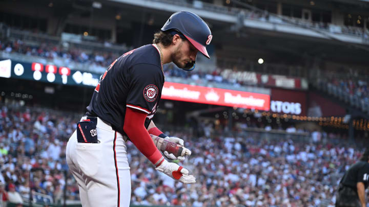 Washington Nationals center fielder Dylan Crews (3) prepares for an at bat against the New York Yankees during the second inning at Nationals Park on Aug 27.