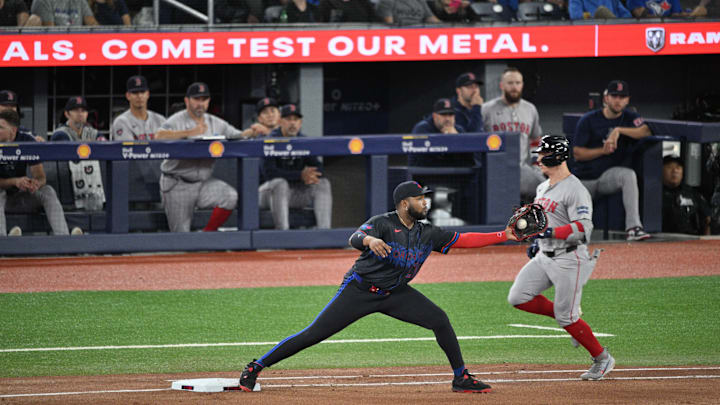 Toronto Blue Jays first baseman Vladimir Guerrero Jr. (27) forces out Boston Red Sox left fielder Tyler O'Neill (17) in the fourth inning at Rogers Centre on Sept 25.