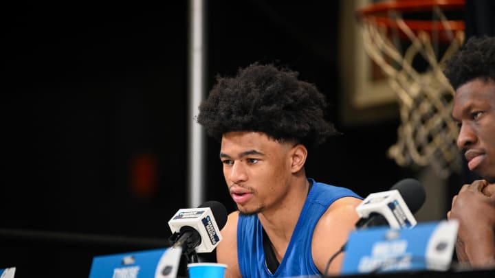 Mar 21, 2024; Indianapolis, IN, USA; Florida Gators guard Zyon Pullin (0) speaks to the media during the NCAA tournament practice day at Gainbridge FieldHouse. Mandatory Credit: Robert Goddin-USA TODAY Sports