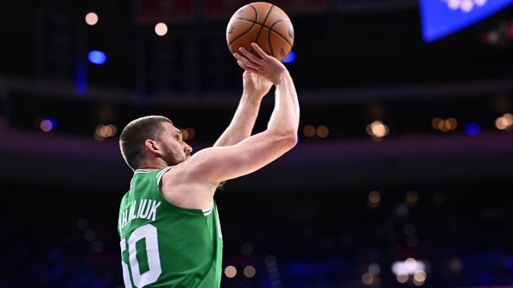 Oct 11, 2023; Philadelphia, Pennsylvania, USA; Boston Celtics guard Svi Mykhailiuk (50) shoots against the Philadelphia 76ers in the second quarter at Wells Fargo Center. Mandatory Credit: Kyle Ross-USA TODAY Sports