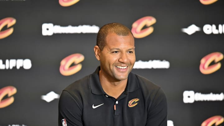 Sep 14, 2022; Cleveland, OH, USA; Cleveland Cavaliers president of basketball operations Koby Altman speaks to the media during an introductory press conference at Rocket Mortgage FieldHouse. Mandatory Credit: David Richard-USA TODAY Sports