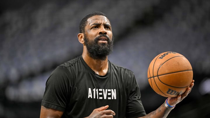 May 13, 2024; Dallas, Texas, USA; Dallas Mavericks guard Kyrie Irving (11) warms up before the game between the Dallas Mavericks and the Oklahoma City Thunder in game four of the second round for the 2024 NBA playoffs at American Airlines Center. Mandatory Credit: Jerome Miron-USA TODAY Sports