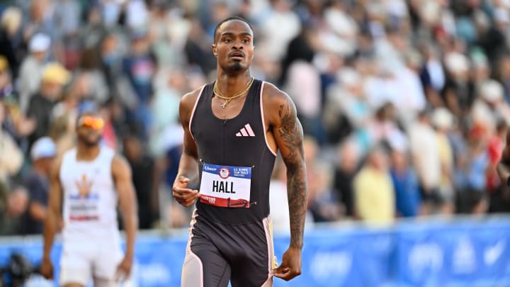 Jun 23, 2024; Eugene, OR, USA; Quincy Hall wins his heat in the men’s 400m semifinals during the US Olympic Track and Field Team Trials. Mandatory Credit: Craig Strobeck-USA TODAY Sports